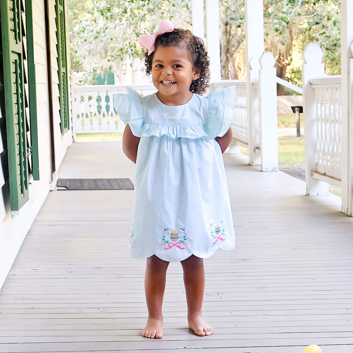 blue dress for baby girl Easter Egg And Ribbon Embroidered Scallop Dress – Classic Whimsy
