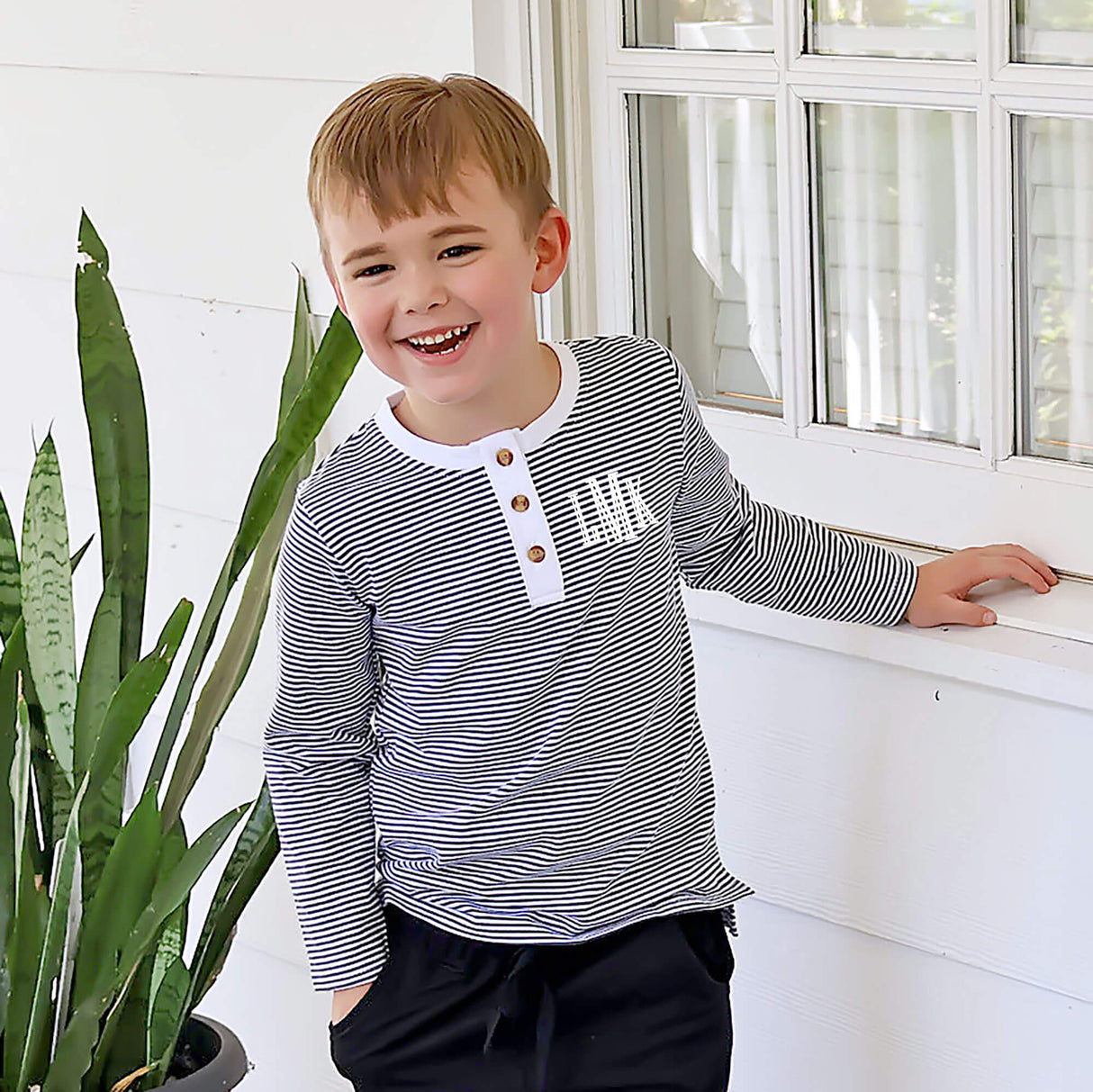 Black Stripe Long Sleeve Henley Shirt