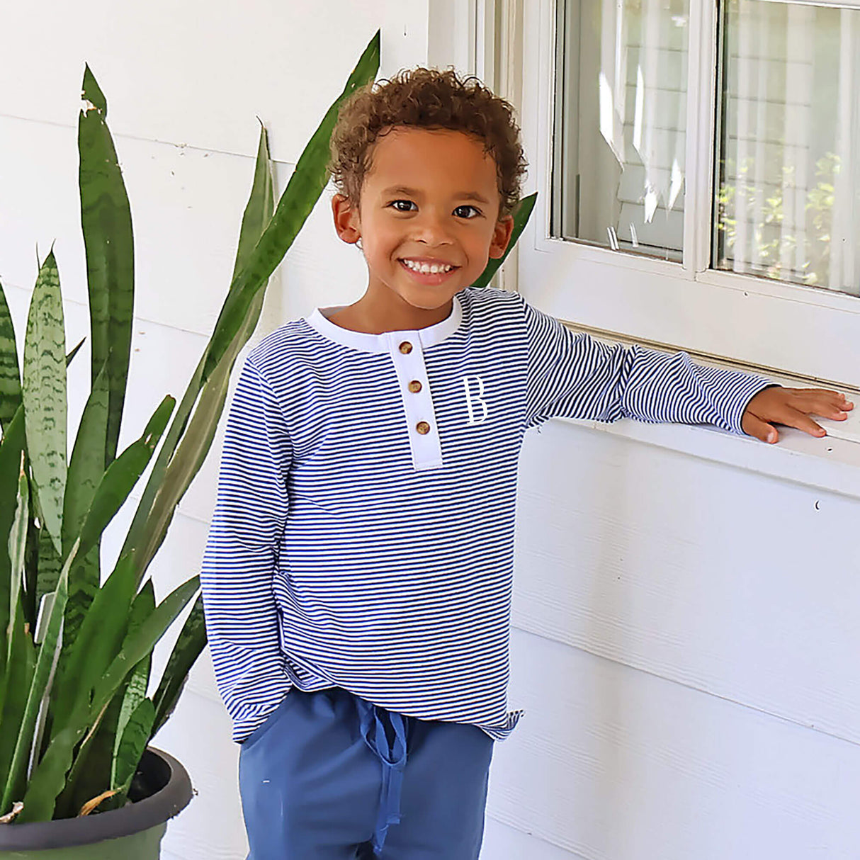 Royal Blue Stripe Long Sleeve Henley Shirt