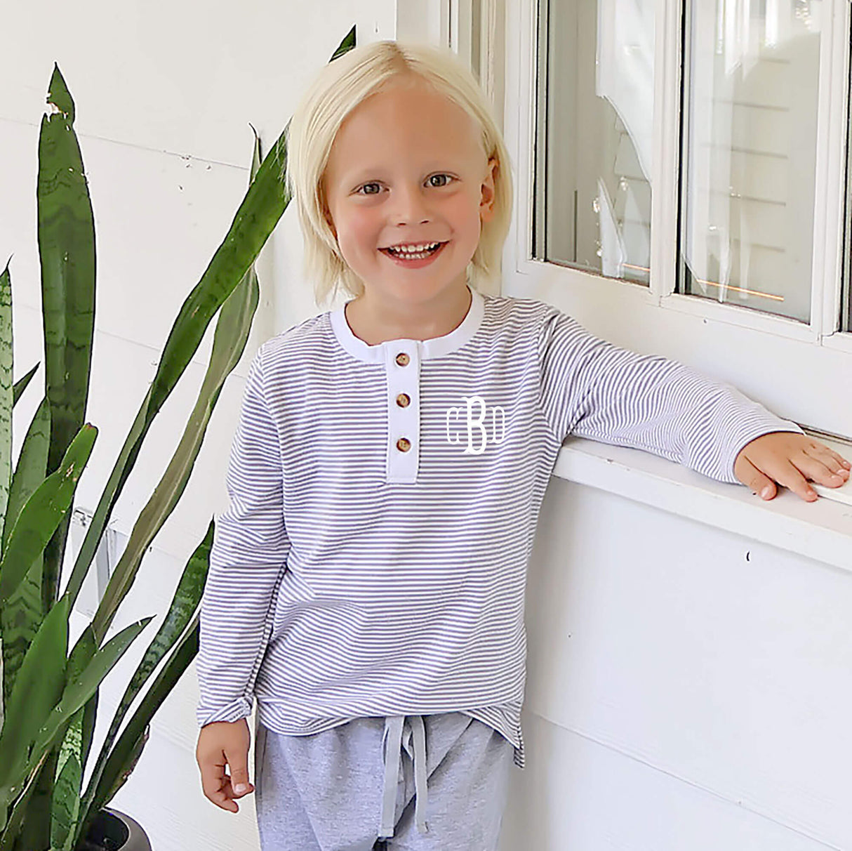 Gray Stripe Long Sleeve Henley Shirt