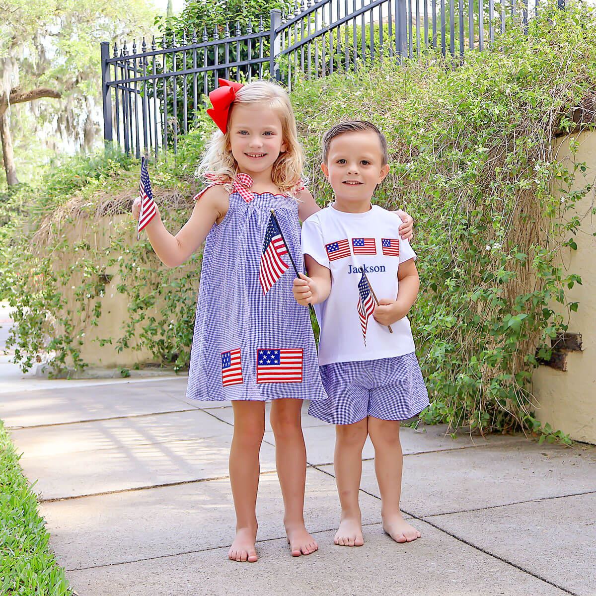 American Flag Blue Gingham Short Set