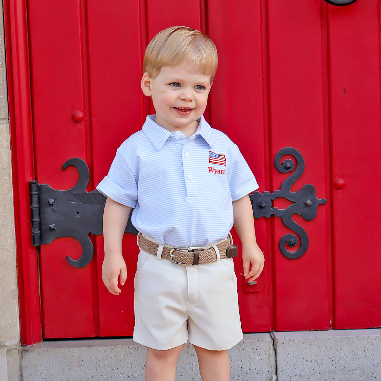 Flag Embroidered Light Blue Stripe Polo
