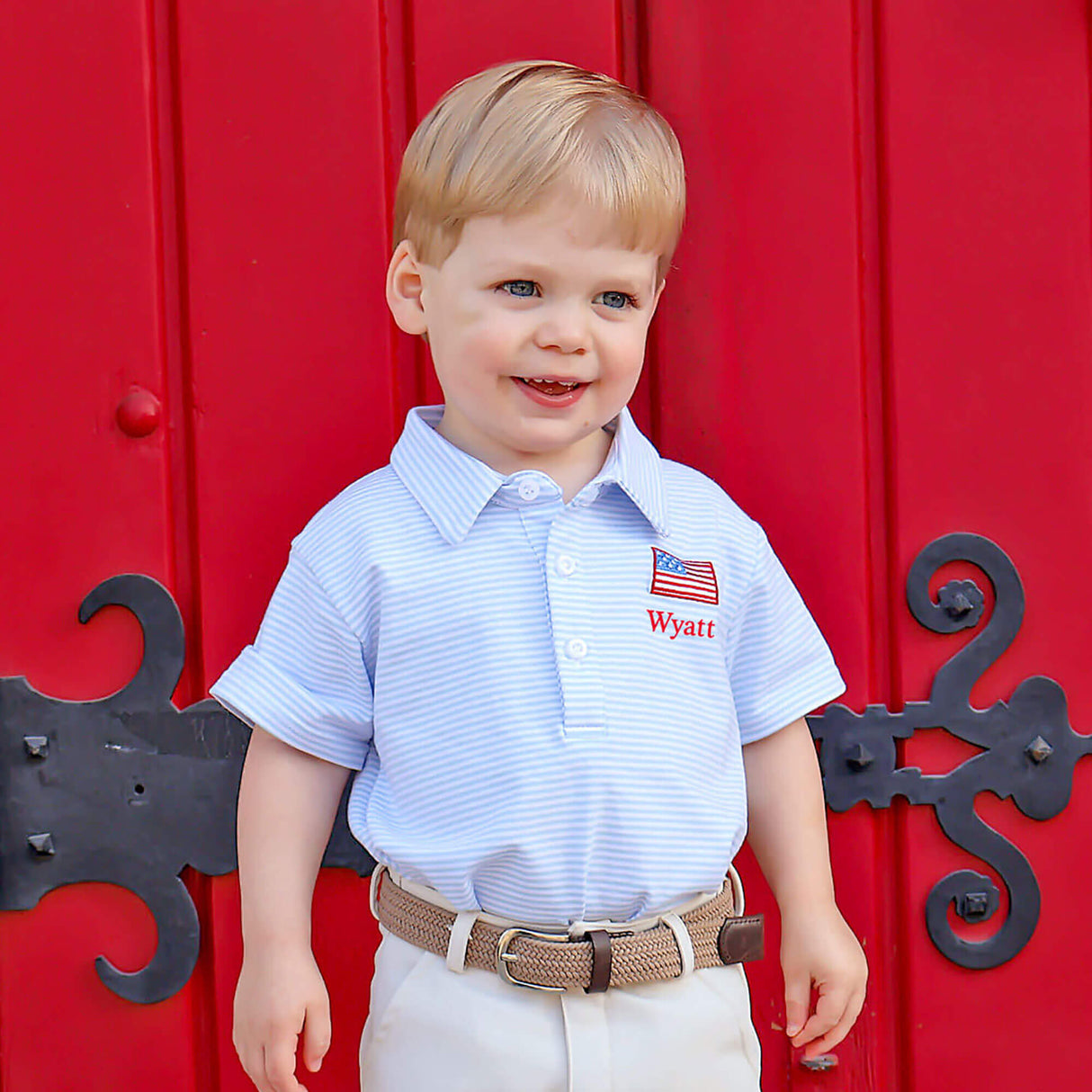 Flag Embroidered Light Blue Stripe Polo