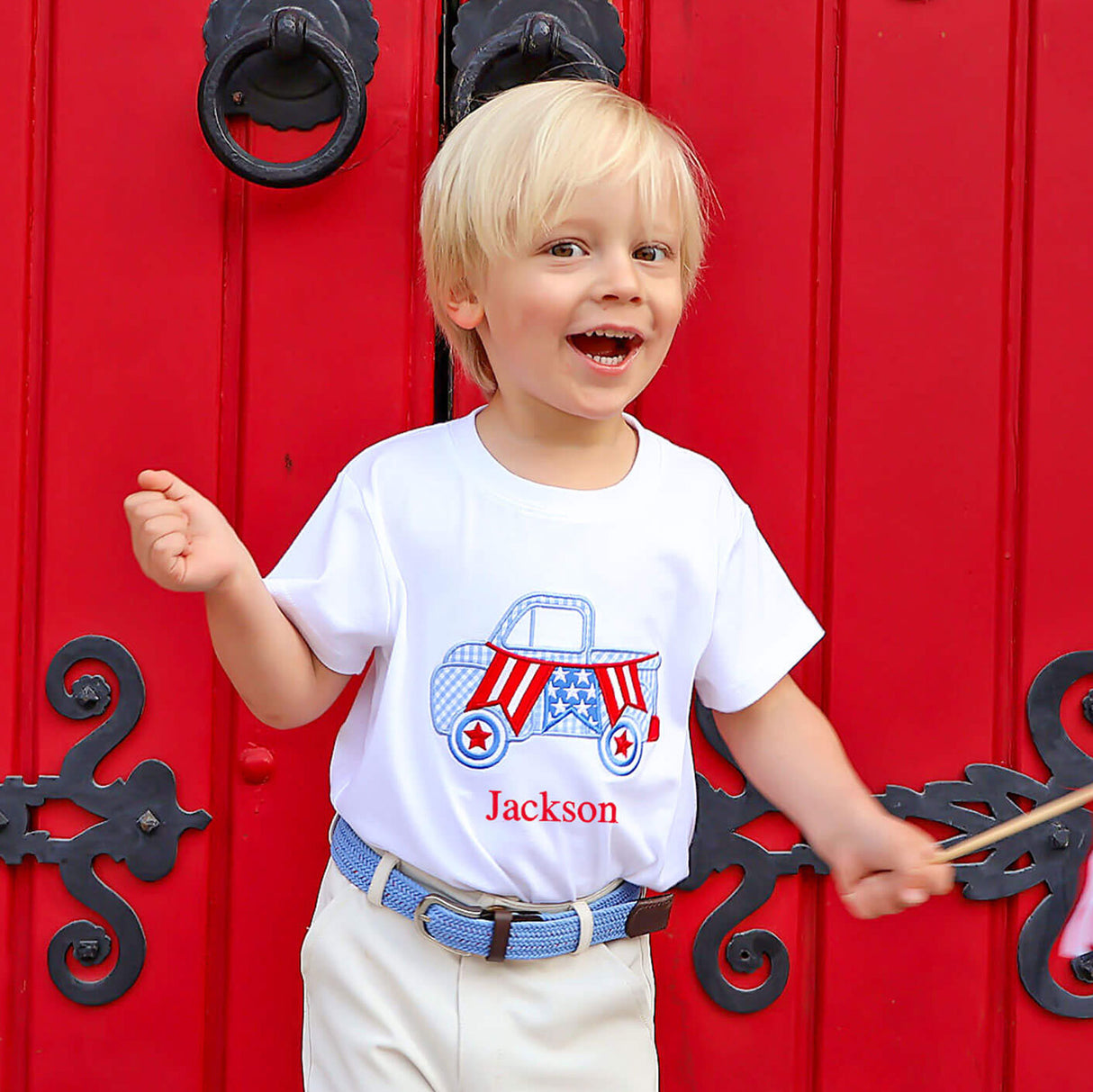 American Flag Truck White Short Sleeve Shirt
