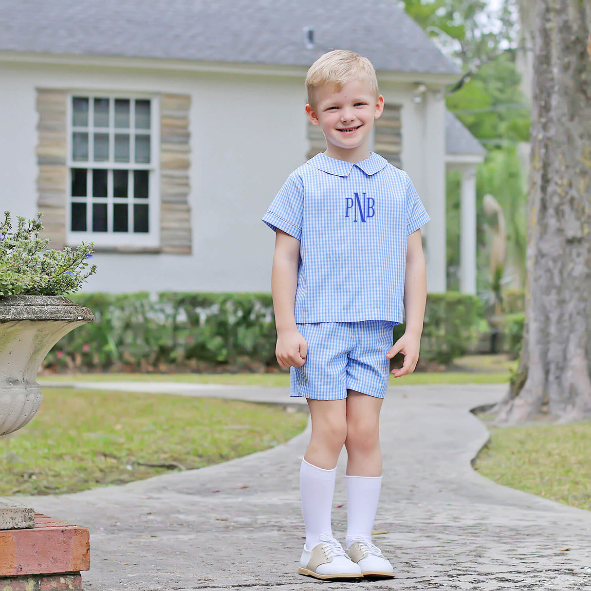 Blue Gingham Collared Short Set