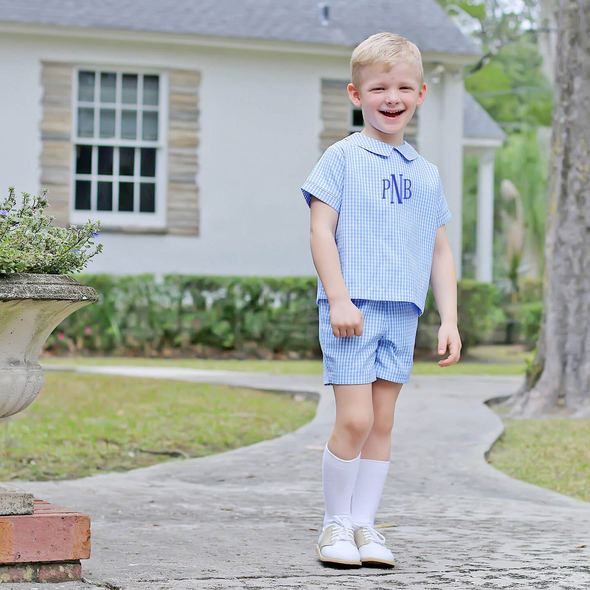 Blue Gingham Collared Short Set