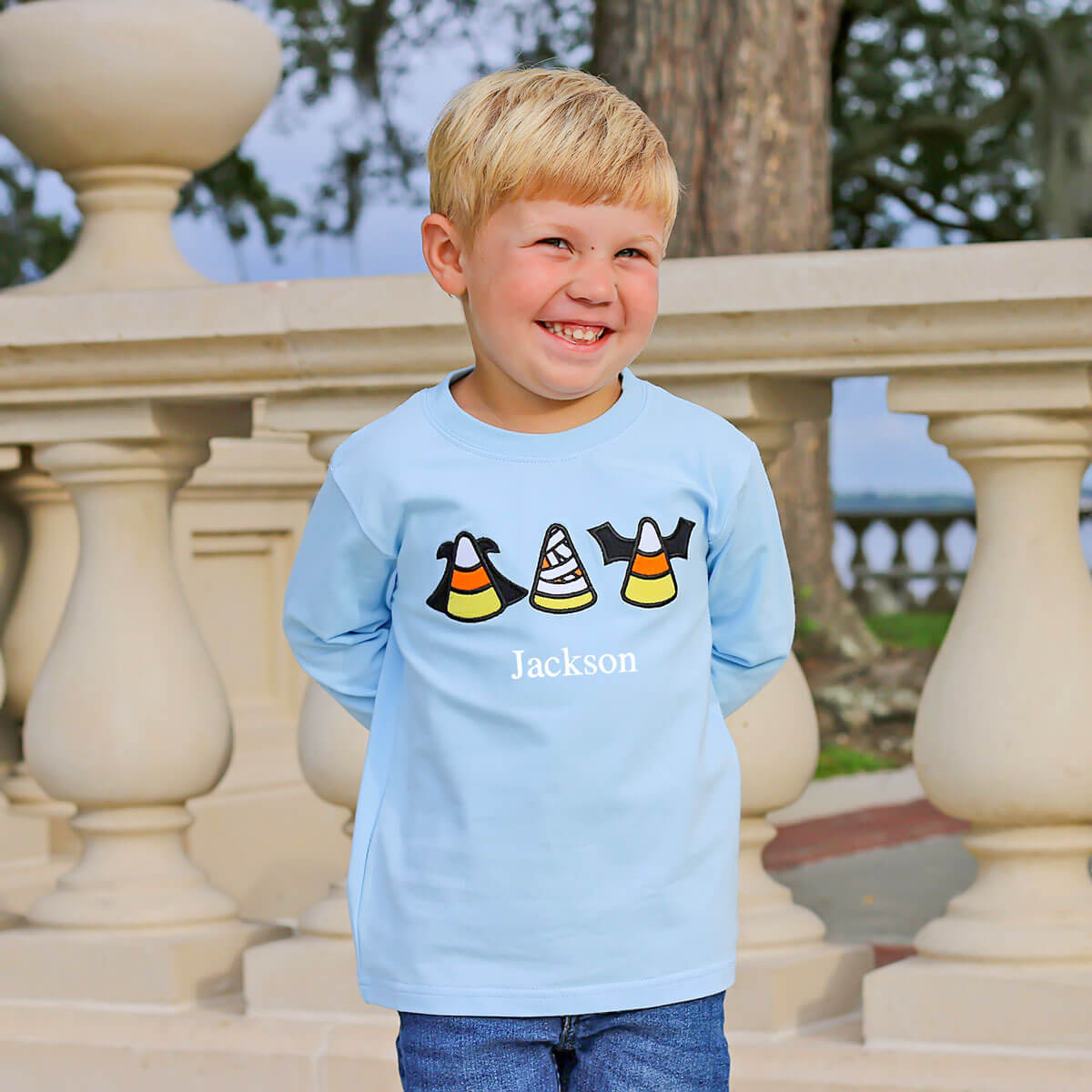 Spooky Candy Corn Light Blue Long Sleeve Shirt