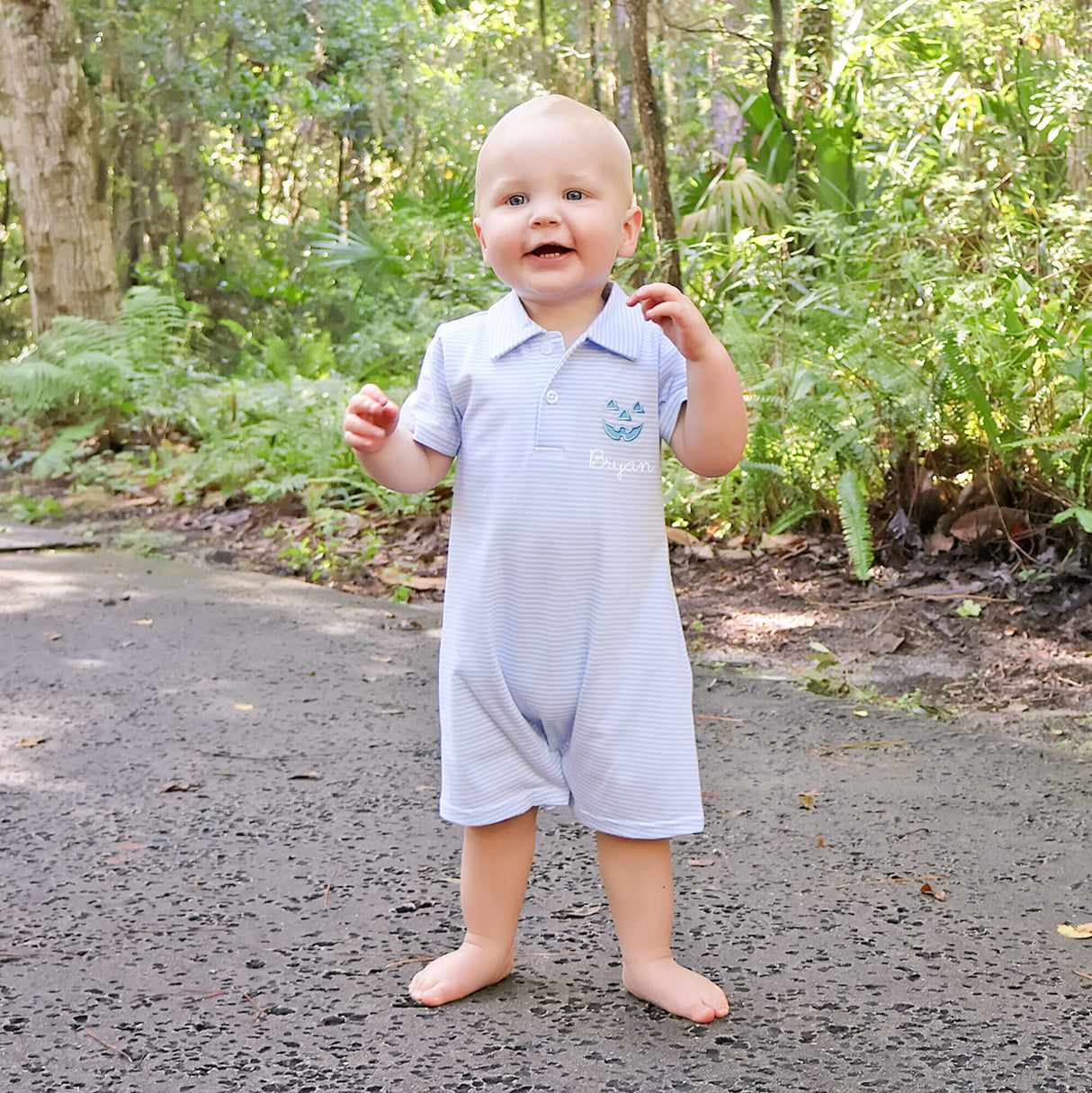Jack O'Lantern Light Blue Stripe Polo Romper