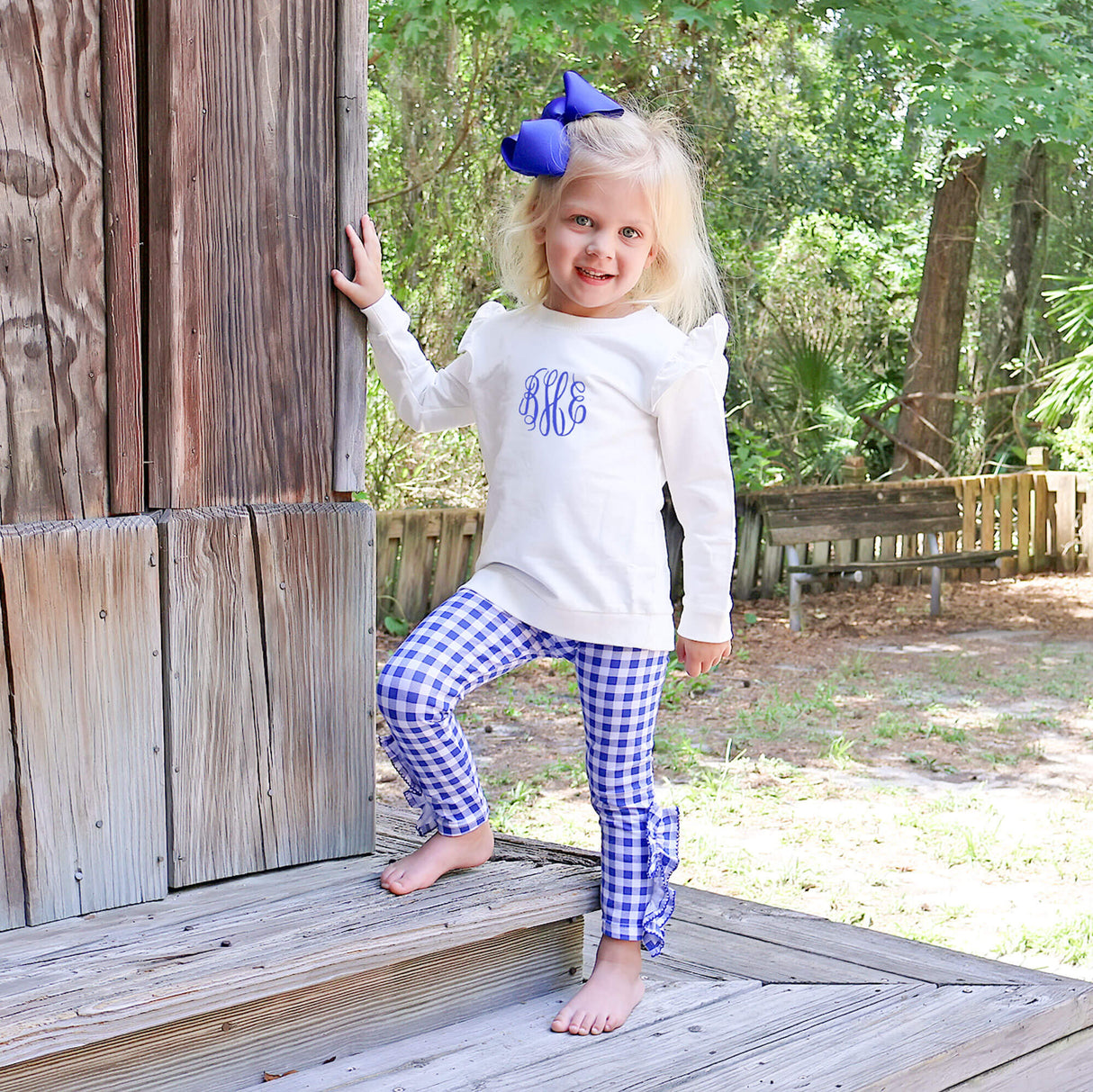 Royal Blue Gingham Side Ruffle Leggings