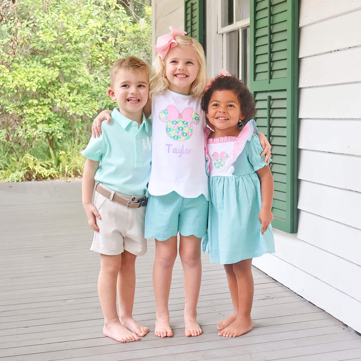 Mouse Ears Floral Embroidered Turquoise Gingham Cleo Short Set