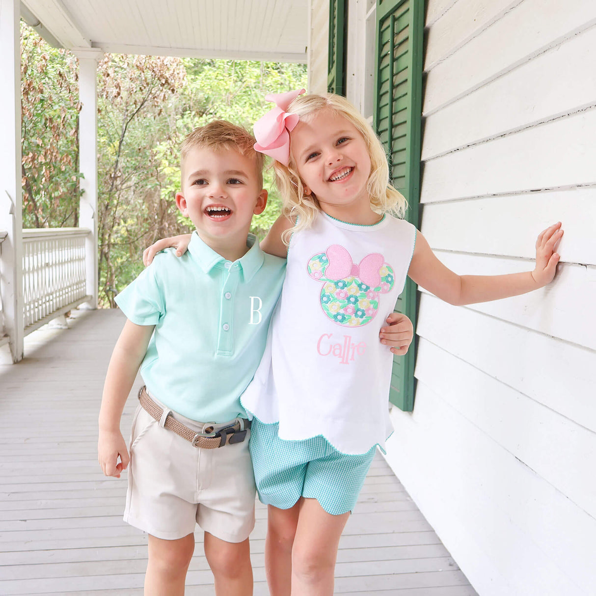 Mouse Ears Floral Embroidered Turquoise Gingham Cleo Short Set