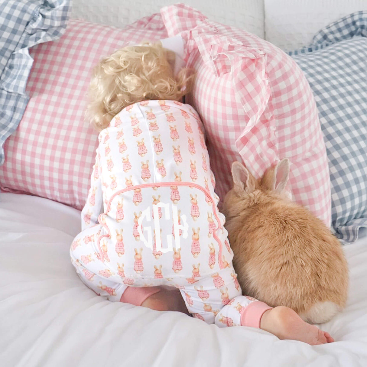 Gingham Storybook Bunnies Pink Zip Sleeper