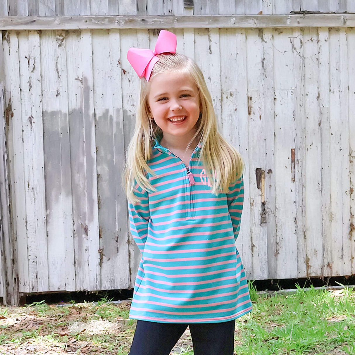 Turquoise & Pink Stripe French Terry Half Zip Pullover