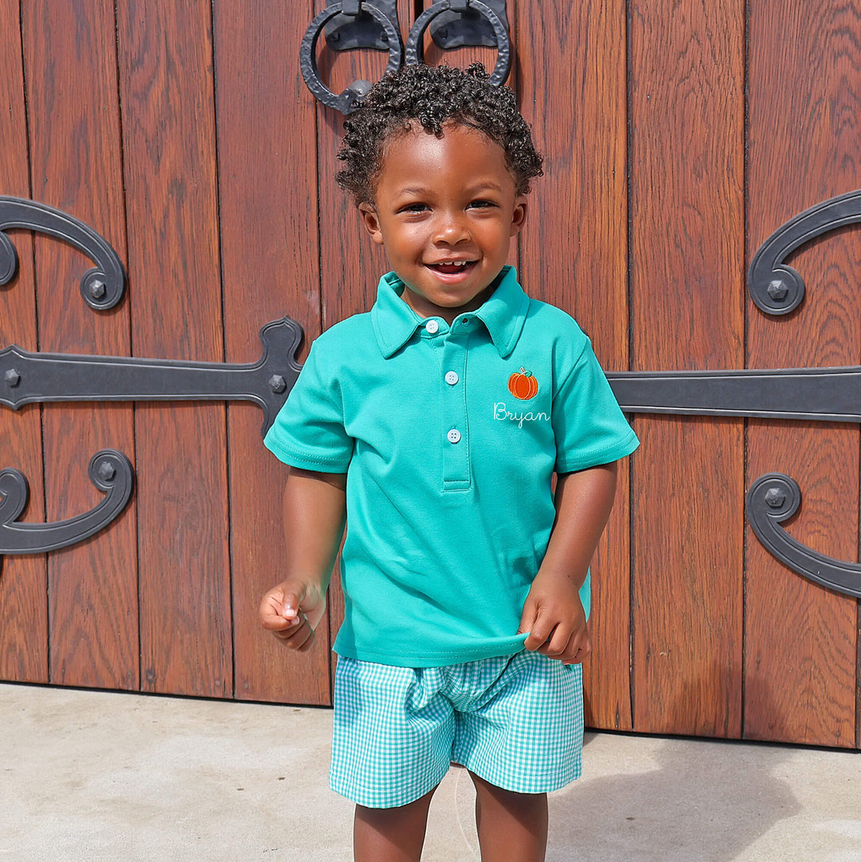 Pumpkin Green Gingham Polo Short Set