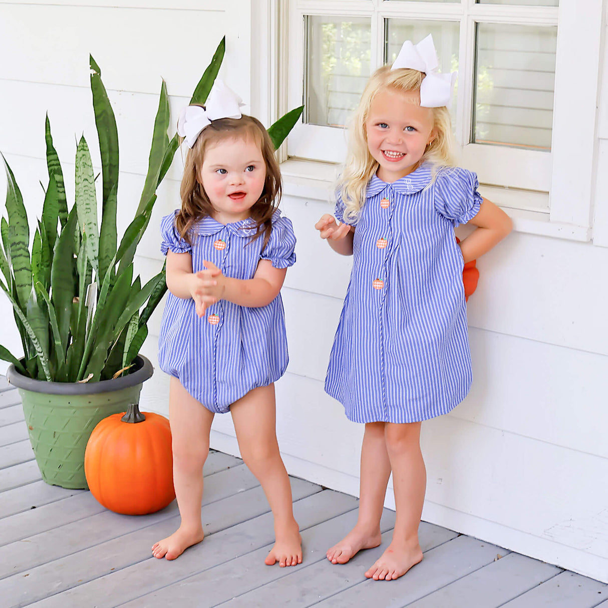 Adorable Pumpkin Blue Stripe Jane Dress