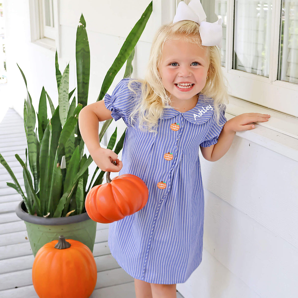 Adorable Pumpkin Blue Stripe Jane Dress