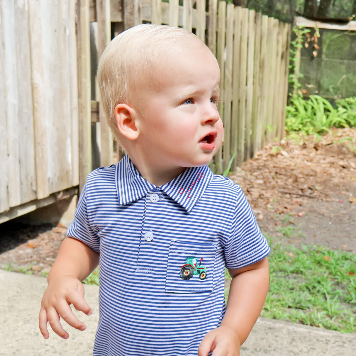 Tractor Navy Stripe Pocket Polo Romper