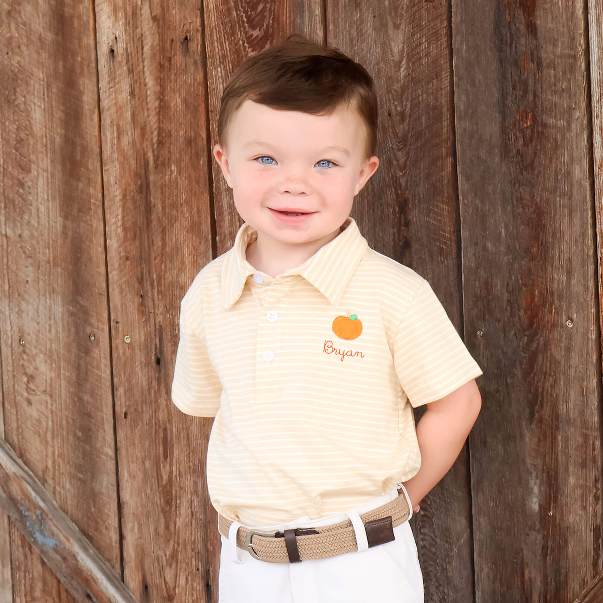 Sweet Pumpkin Embroidered Tan Stripe Polo Shirt