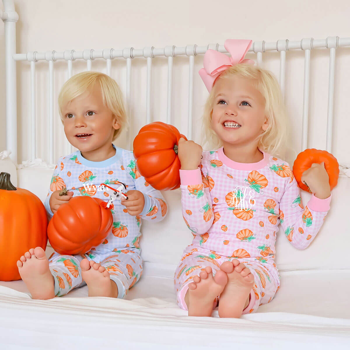 Pumpkin Print Light Blue Gingham Pajamas