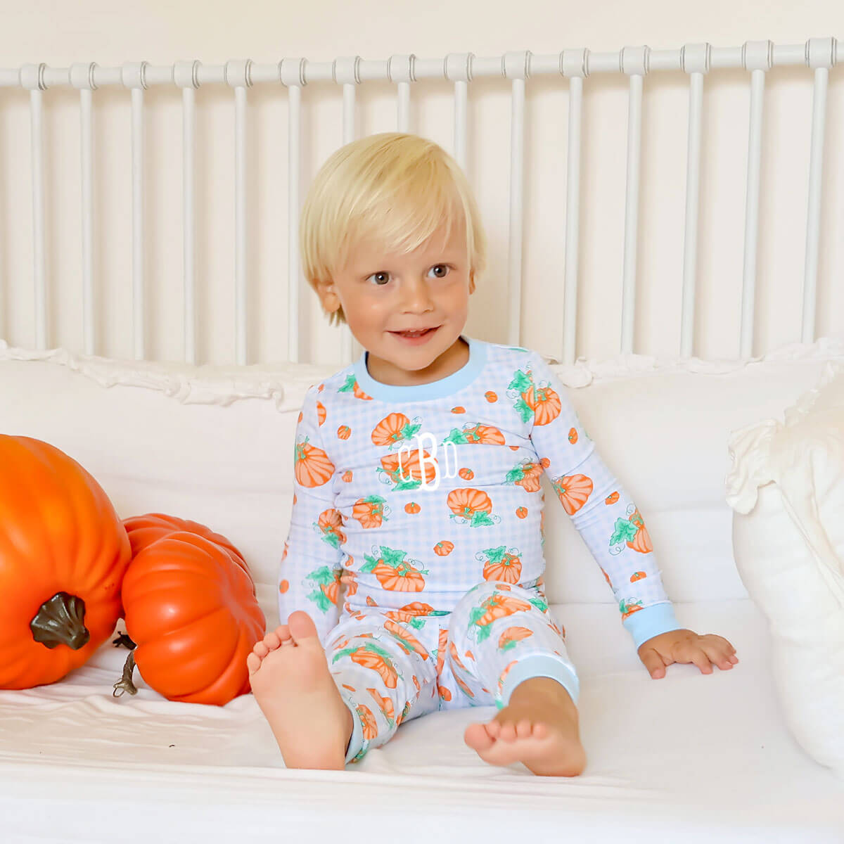 Pumpkin Print Light Blue Gingham Pajamas