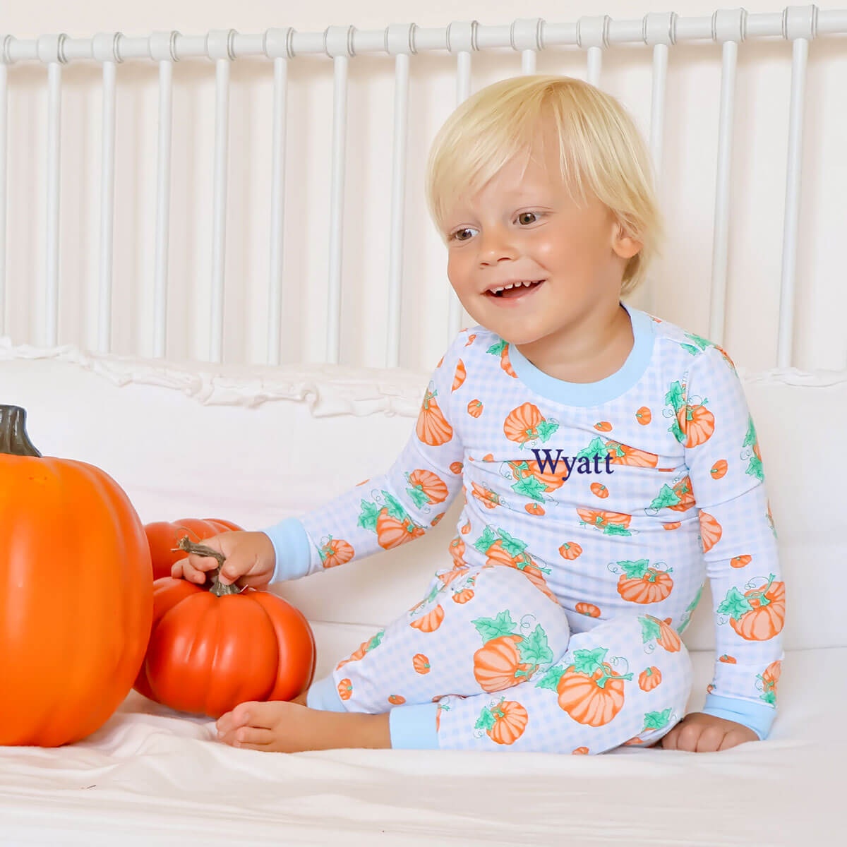 Pumpkin Print Light Blue Gingham Pajamas