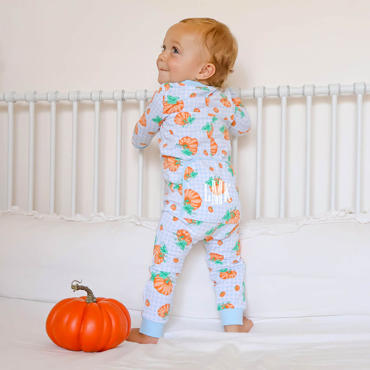 Pumpkin Print Light Blue Gingham Zip Sleeper