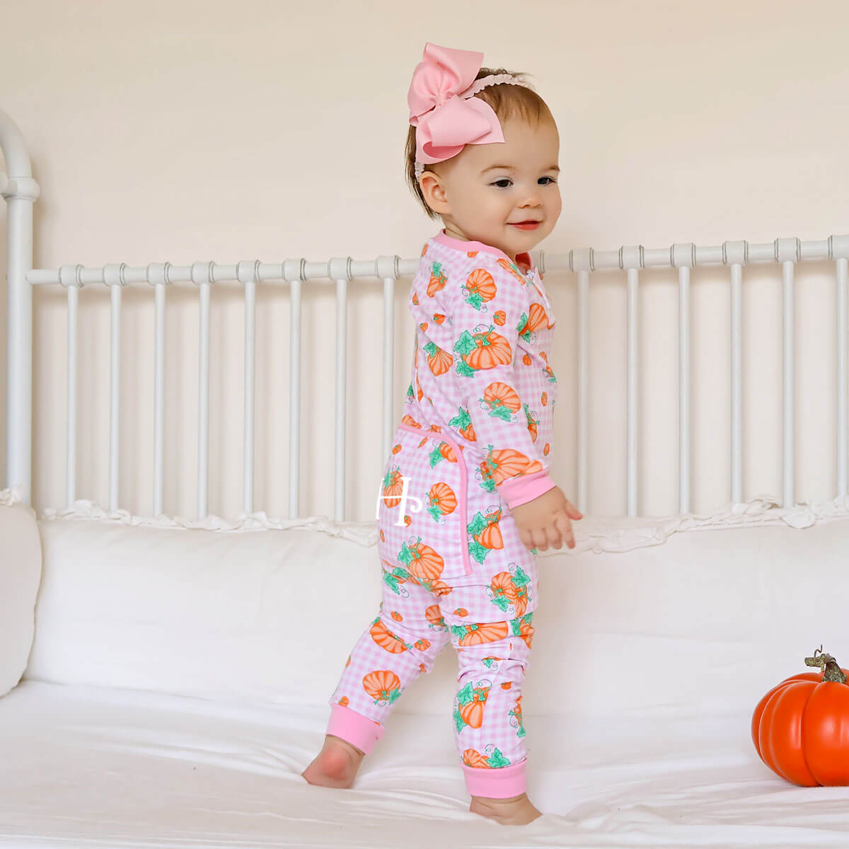 Pumpkin Print Pink Gingham Zip Sleeper