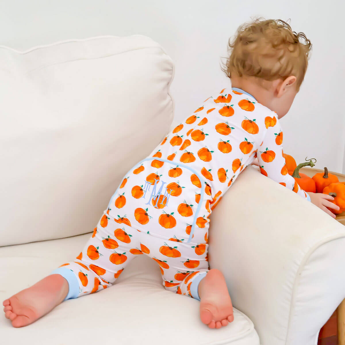 Bountiful Pumpkin Zip Sleeper Blue Trim