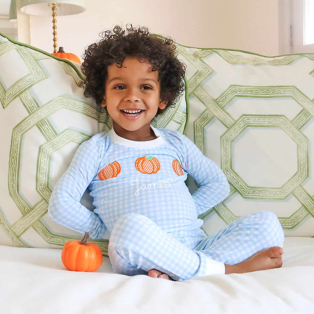 Pumpkin Trio Blue Gingham Pajamas