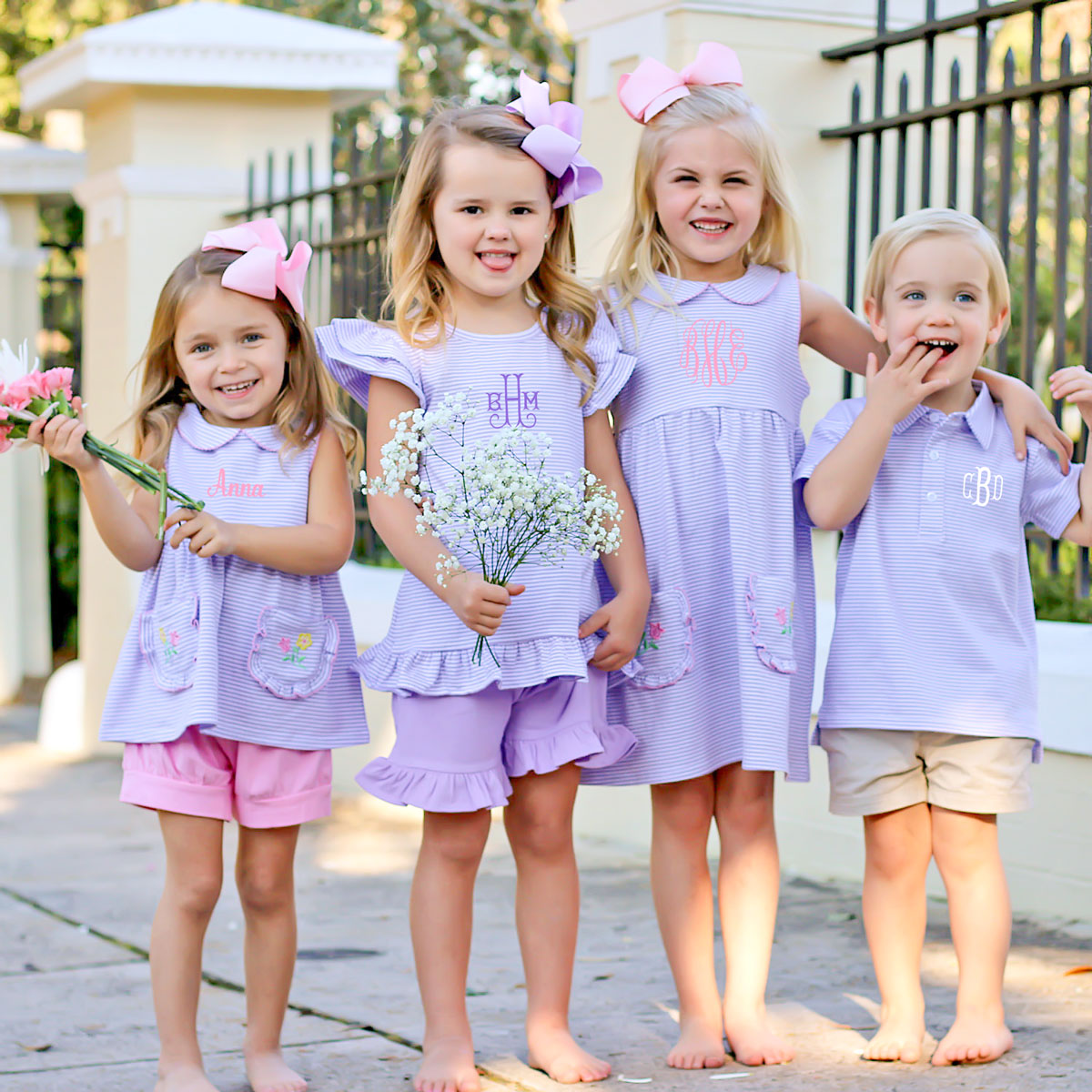 Flower Applique Purple Stripe Caroline Dress