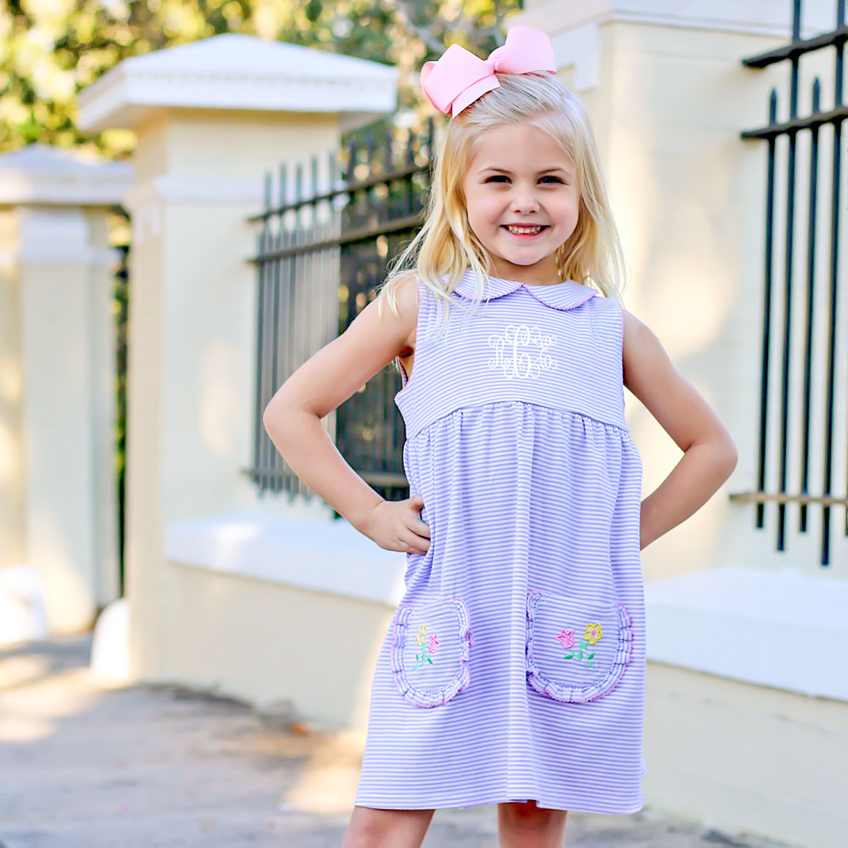 Flower Applique Purple Stripe Caroline Dress