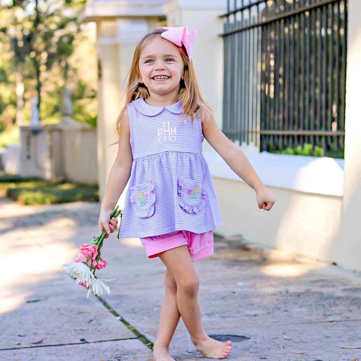Flower Applique Purple Stripe Caroline Short Set