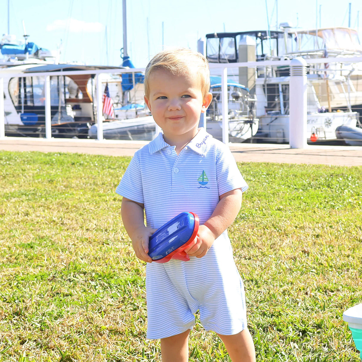 Nautical Adventure Light Blue Stripe Polo Romper