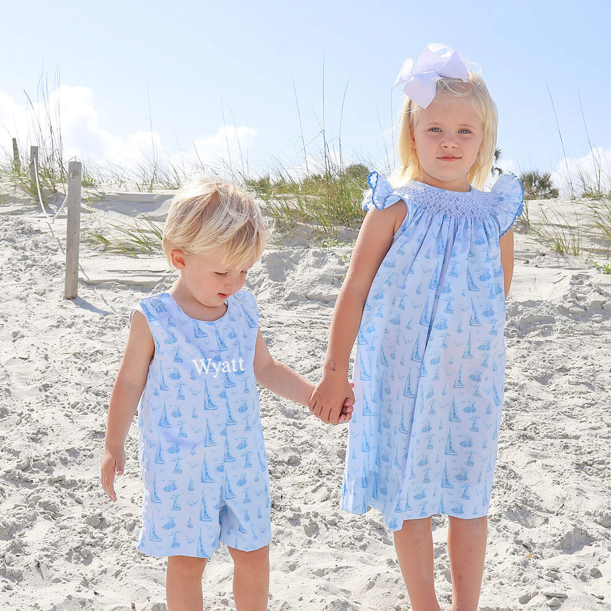 Nautical Blue Sailboat Smocked Angel Sleeve Dress