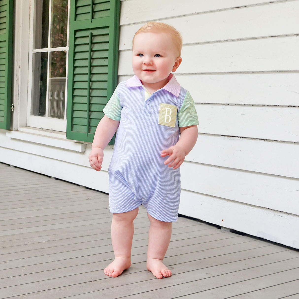 Multi Stripe Seersucker Polo Romper