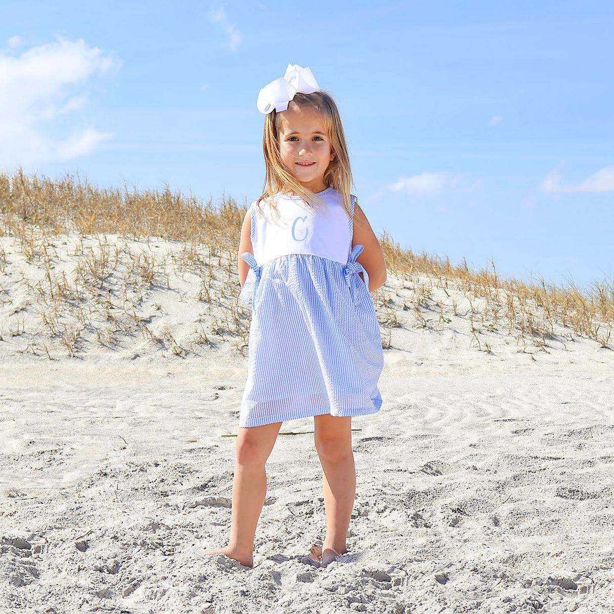 Light Blue Stripe Seersucker Side Tie Dress