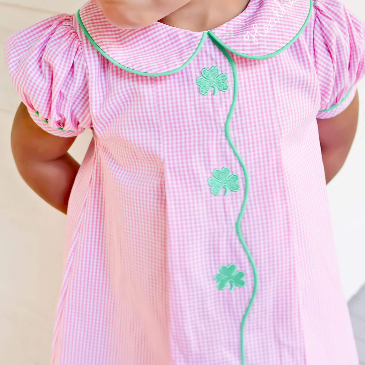 Shamrock Embroidered Pink Gingham Jane Dress