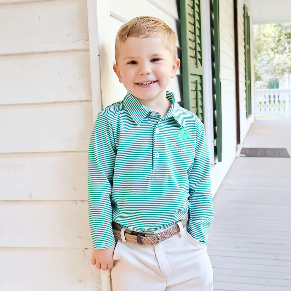 Shamrock Embroidered Green Stripe Polo