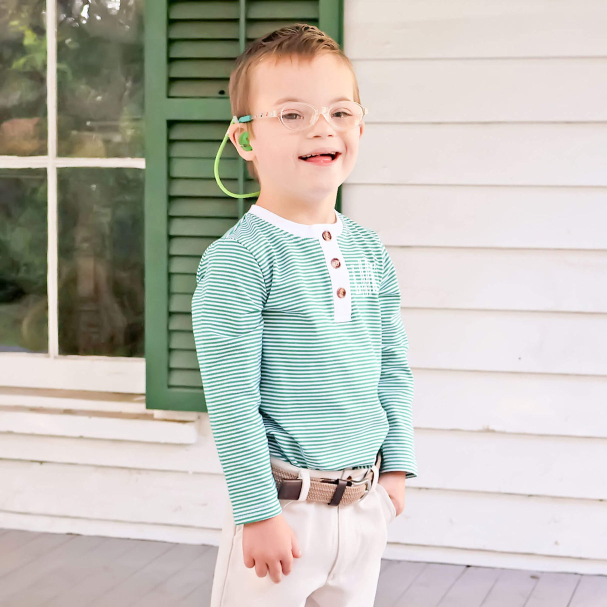 Green Stripe Long Sleeve Henley Shirt