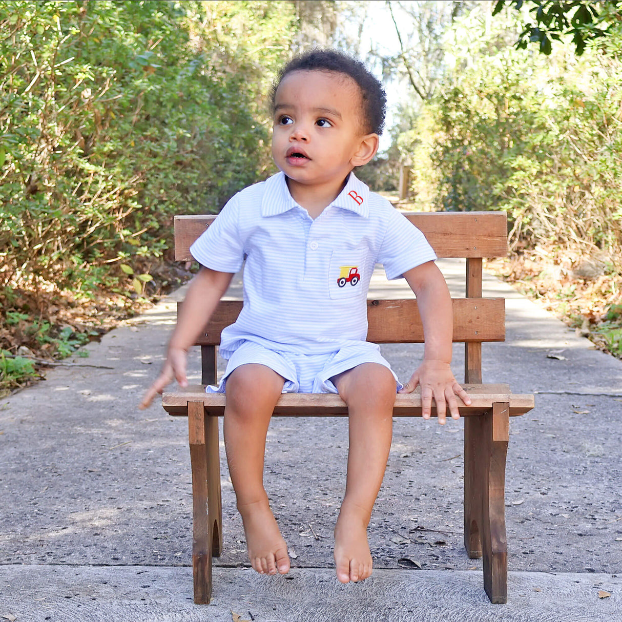 Dump Truck Light Blue Stripe Pocket Polo Romper