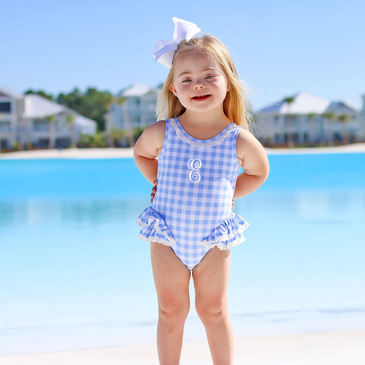Capri Blue One Piece Swimsuit with Eyelet Trim
