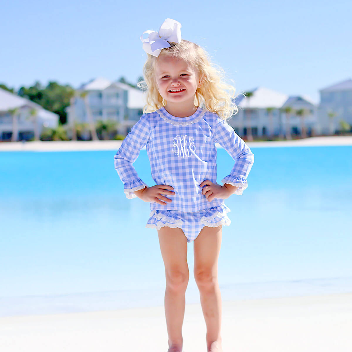 Capri Blue Rash Guard Set with Eyelet Trim