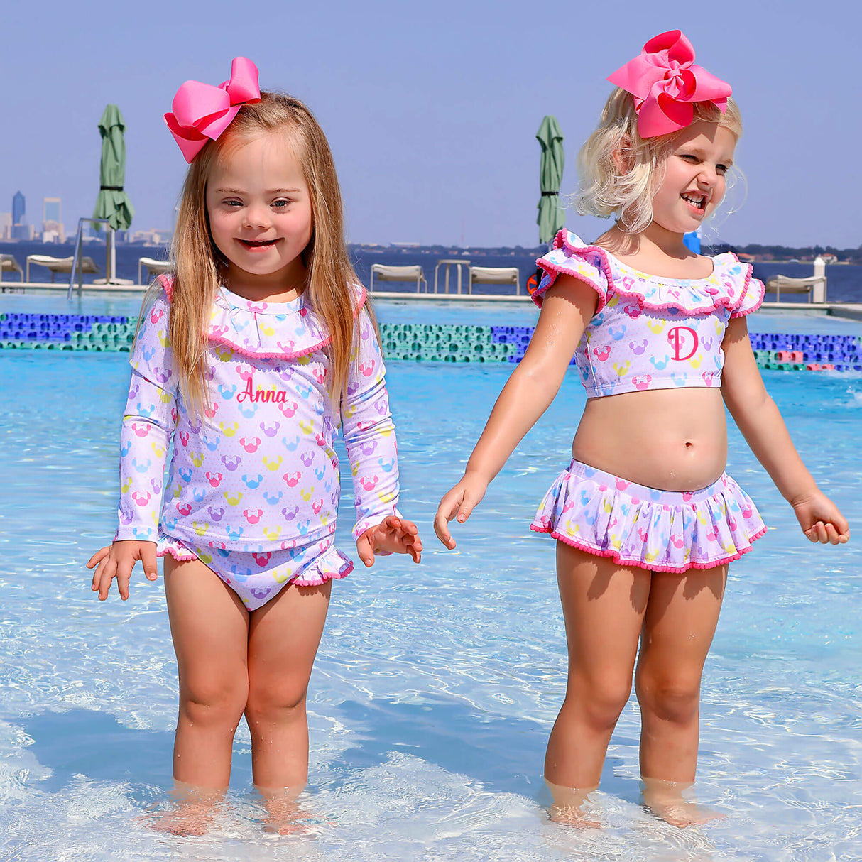 Pastel Mouse Ears Print With Pom Pom Two Piece Swimsuit