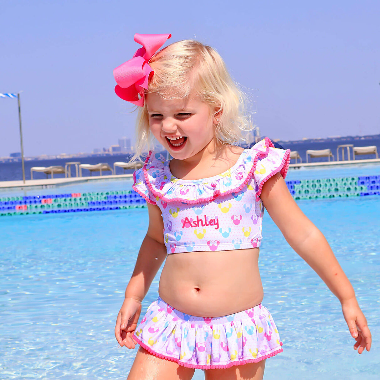 Pastel Mouse Ears Print With Pom Pom Two Piece Swimsuit