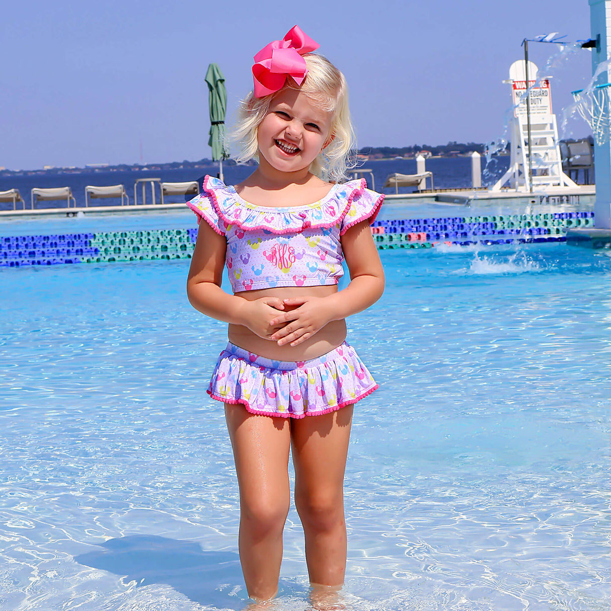 Pastel Mouse Ears Print With Pom Pom Two Piece Swimsuit