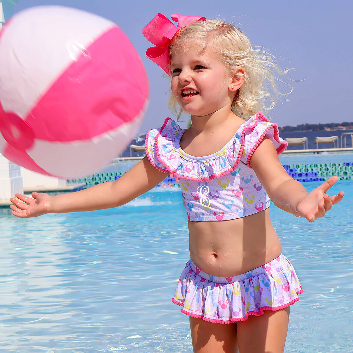 Pastel Mouse Ears Print With Pom Pom Two Piece Swimsuit