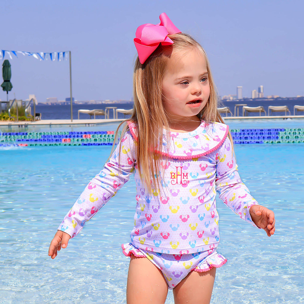 Pastel Mouse Ears Print With Pom Pom Rash Guard Set