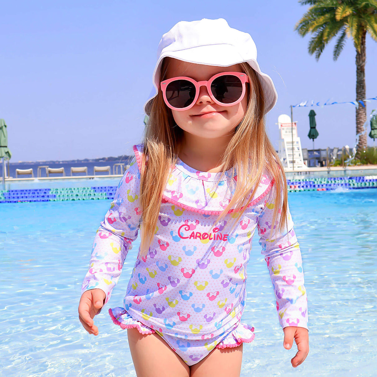 Pastel Mouse Ears Print With Pom Pom Rash Guard Set