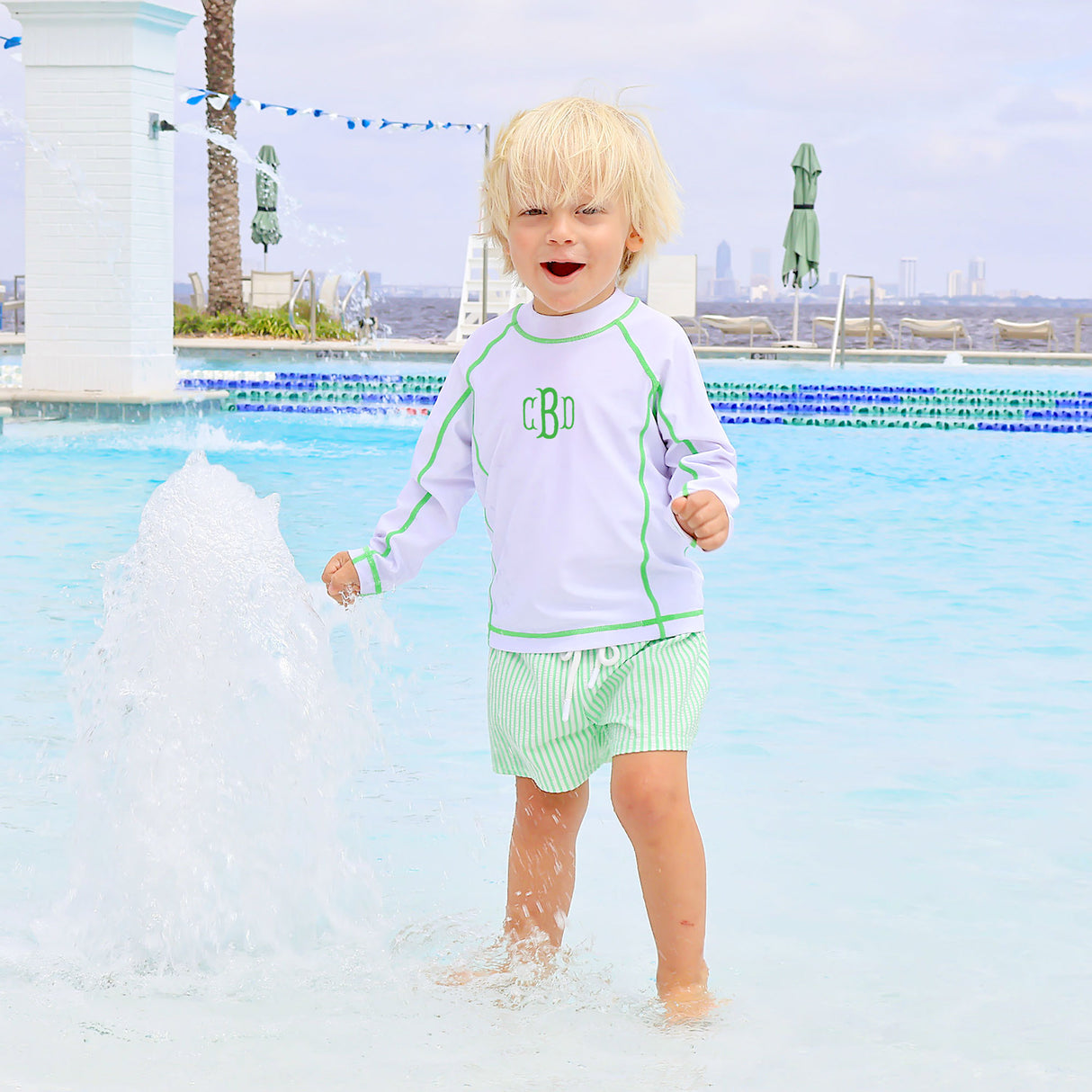 Santorini White With Green Trim Rash Guard