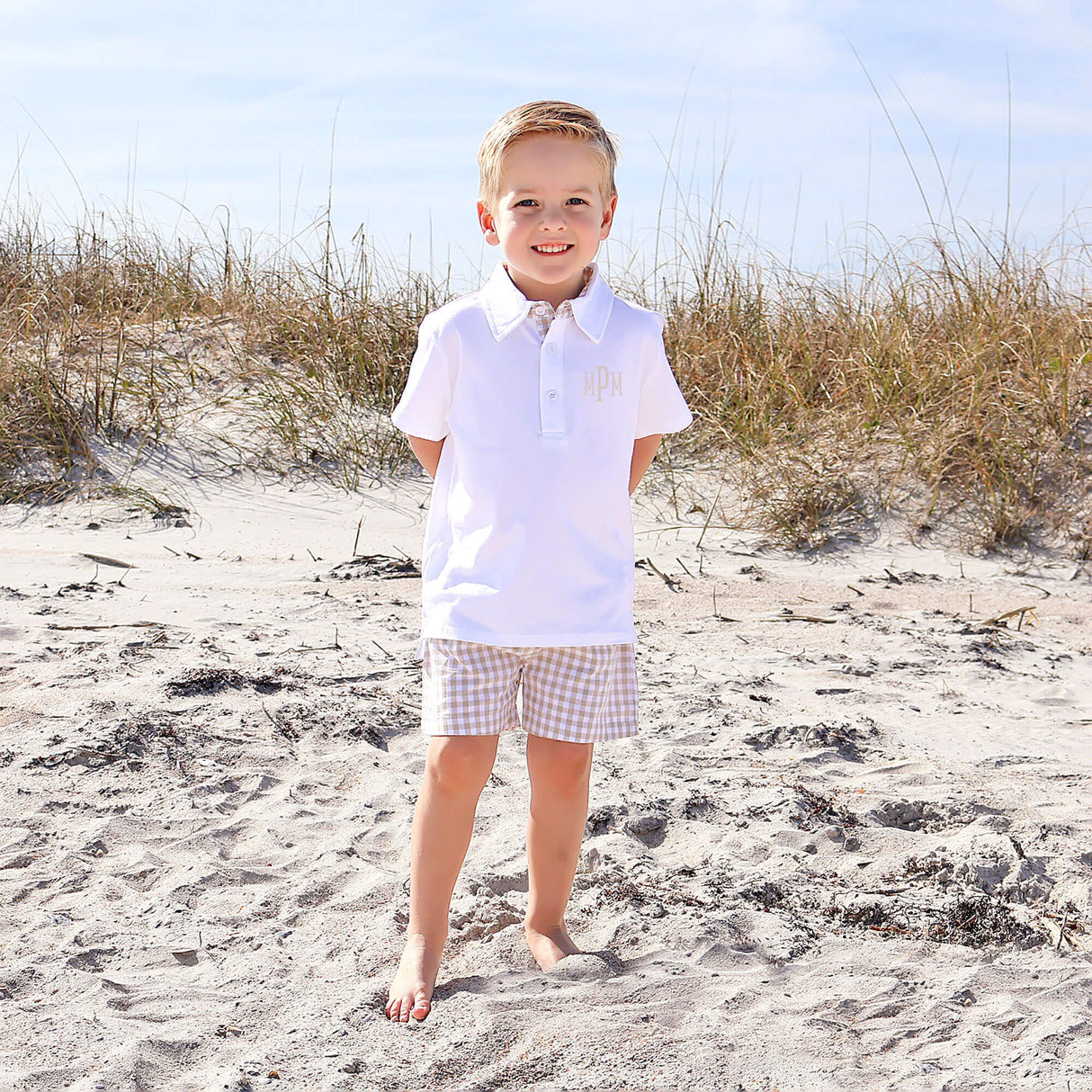 Khaki Gingham Boy Polo Short Set